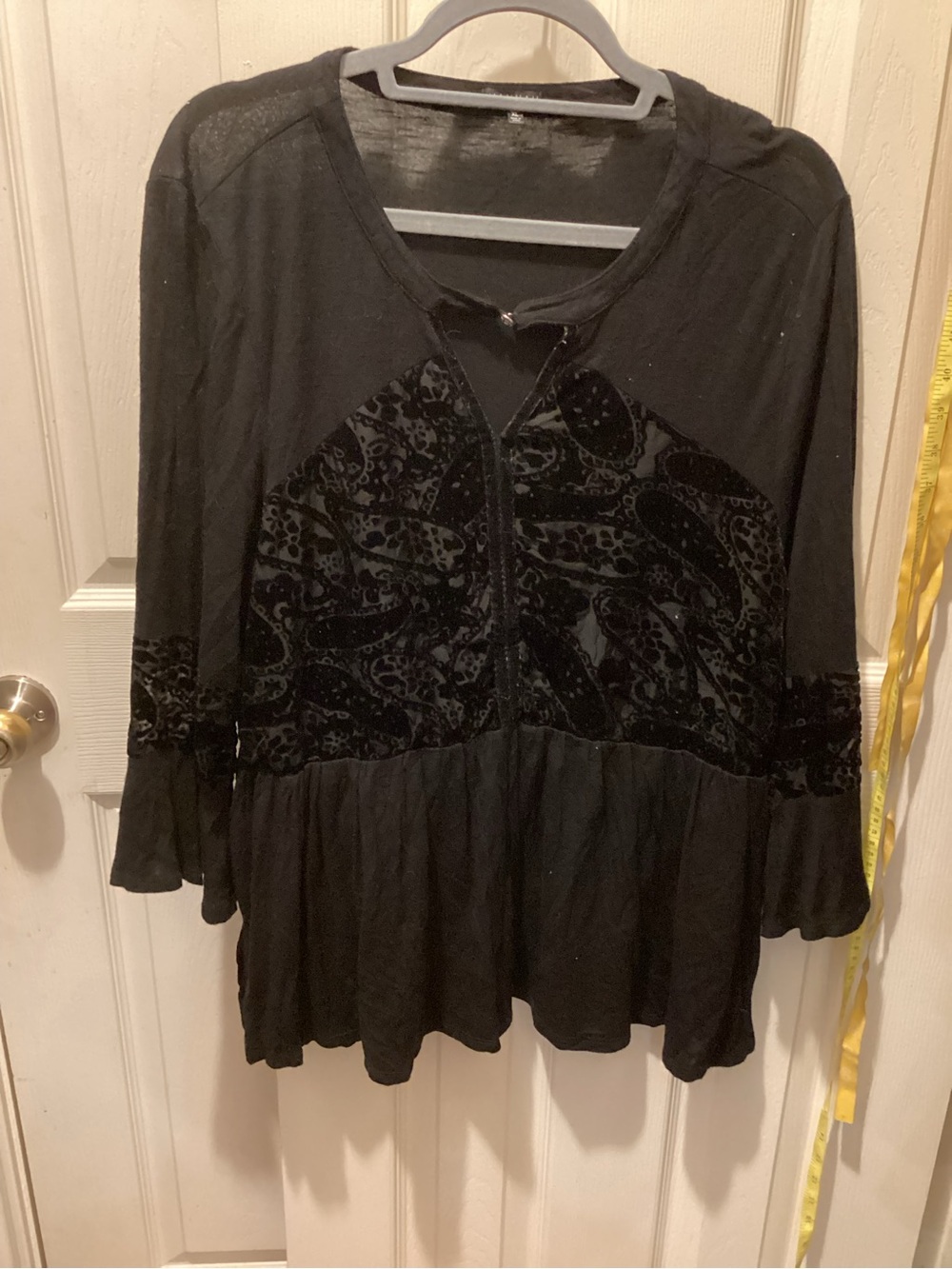 Hannah Black Velour-Panel Peasant Tunic